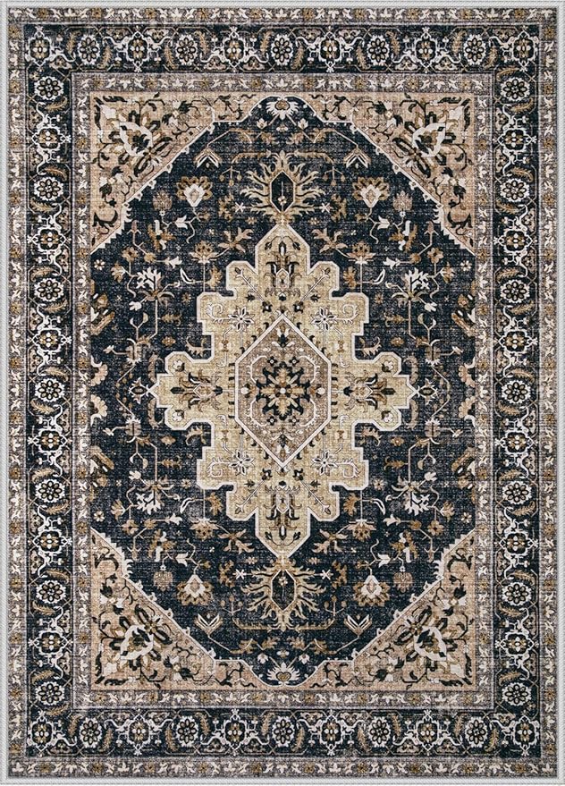 Area Rugs 5x7 Vintage Rug: Washable Living Room Rug Retro Medallion Distressed Large Soft Low Pile Non-Slip Indoor Floor Carpet for Bedroom Kitchen Nursery Dining Table Office (BeigeBlack, 5'x7')