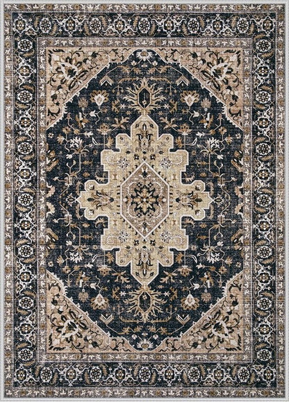Area Rugs 5x7 Vintage Rug: Washable Living Room Rug Retro Medallion Distressed Large Soft Low Pile Non-Slip Indoor Floor Carpet for Bedroom Kitchen Nursery Dining Table Office (BeigeBlack, 5'x7')