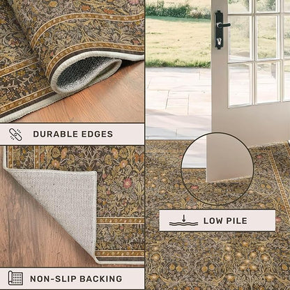 Brown Washable Entry Rug - Front Door Throw Rugs Indoor, Non-Slip Bathroom Small Rugs, Vintage Floral Thin Rug for Kitchen, Boho Earthy Entryway Décor (2x3 Gold Brown)