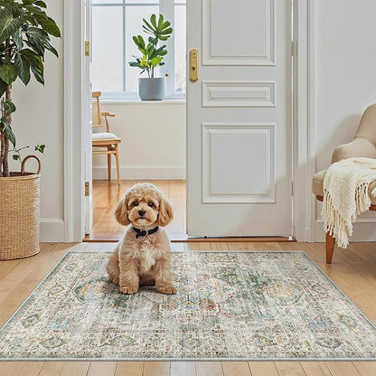 Madane Washable Area Rug 2x3, Small Entryway Rug Non-Slip Vintage Door Mat Indoor Entrance, Low Pile Floor Carpet for Inside Front Door Bedroom Kitchen Entry Laundry (2'x3', Green)
