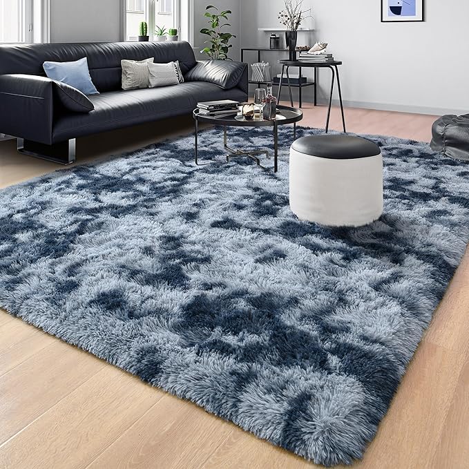 Tepook Fluffy Large Rugs for Living Room, Area Rug 6x9 Soft Carpet for Bedroom, Modern Shaggy Rug for Kids Boys Girls, Plush Indoor Nursery Home Decor Rug with Non-Slip Bottom, Tie-dye Dark Blue