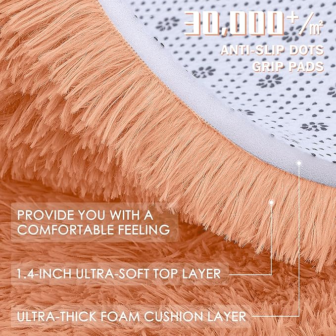 OLANLY Muted Orange Round Rugs for Bedroom - Machine Washable, 8 ft Circle Area Rugs for Living Room, Soft and Fluffy Shaggy Carpet for Teen Girl and Boys, Nursery Rooms, Dorms, Home Decor Aesthetic
