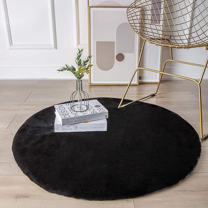 Ashler HOME DECO Ultra Soft Faux Rabbit Fur Chair Couch Cover Area Rug for Bedroom Floor Sofa Living Room Black Round 3 x 3 Feet