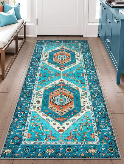 SERISSA Boho Washable Runner Rug, 2x5 Rug Runner Non-Slip Vintage Blue Hallway Kitchen Runner Rug Ultra Soft Print Distressed Tribal Floor Carpet Runner for Bedroom Bathroom Laundry Living Room