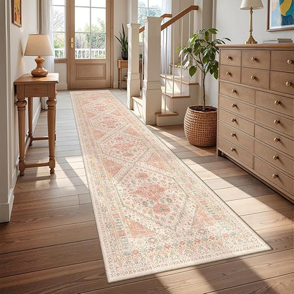 Hallway Runner Rug 2x12, Extra Long Washable Runner Rugs with Rubber Backing, Non Slip Runner, Vintage Rug Runners for Kitchen Laundry Room Entryway (Pink,2'x12')