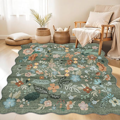 Floral Square Area Rug for Family: Washable 5x5 Scalloped Carpet for Living Room Bedroom Soft Water Resistant Floor Mat with Non Slip Backing for Kitchen Nursery Farmhouse Home Decor(5x5,Floral/Green)