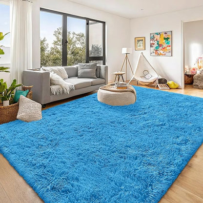 OLANLY 9x12 Machine Washable Large Area Rugs for Living Room, Bedroom, Soft Fluffy Shaggy Bedside Rug, Indoor Floor Carpet for Kids Girls and Boys, Dorms, Nursery, Home Decor Aesthetic, Bright Blue