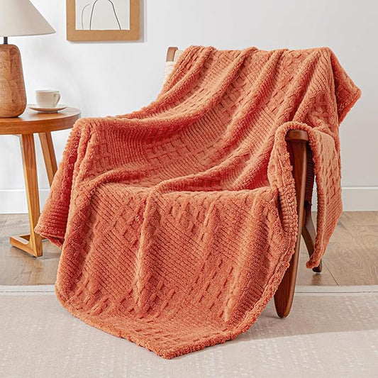 EXQ Home Fleece Throw Blanket for Couch or Bed - 3D Waffle Patchwork Pattern Jacquard Decorative Blankets - Cozy Soft Fuzzy Flannel Blanket Suitable for All Seasons(50"×60",Terracotta)