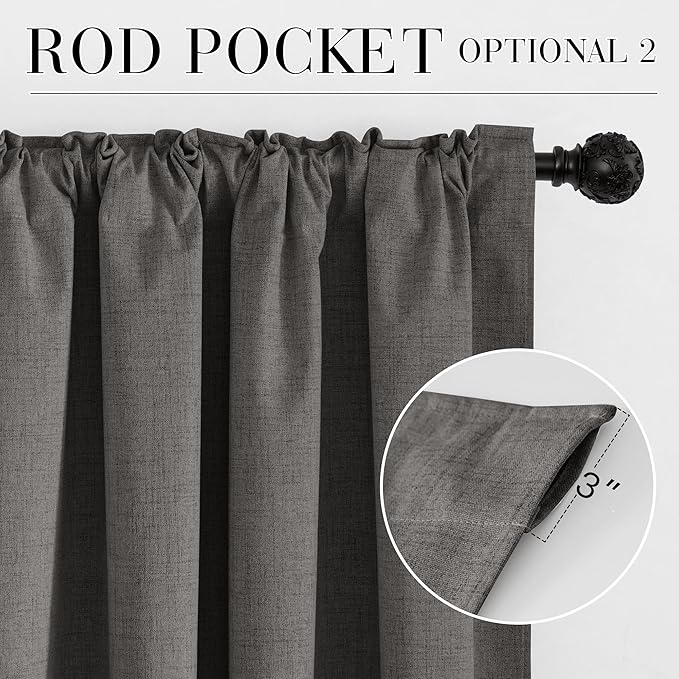 RYB HOME Grey Linen 100% Blackout Curtains for Bedroom 120 inch Long 52 inch Width, Extra Long Drapes Thermal Insulated&Privacy Assurd for Sliding Glass Doors/Dining, Back Tab&Rod Pocket, 2 Panels