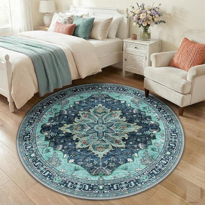 RELEANY Area Rugs 5ft Washable Non-Slip, Floral Vintage Distress Print Pattern Medallion Carpet for Living Room Bedroom Dining Room, Teal Green Lake Blue Turquoise