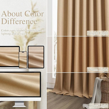 Guken Camel Brown 100% Blackout Linen Curtains 63 Inch Length 2 Panels Set for Living Room Bedroom Back Tab/Rod Pocket Thermal Insulated Black Out Drapes Room Darkening Farmhouse Window Curtains