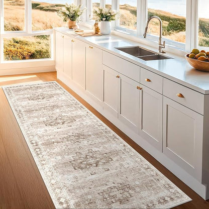 Beige Washable 2'6"x10' Extra Long Runner Rugs for Hallways, Non Slip Indoor Floor Mats for Entryway, Stain Resistant Long Floor Rug, Neutral Boho Floral Decor (2'6"x10' Beige/Latte)