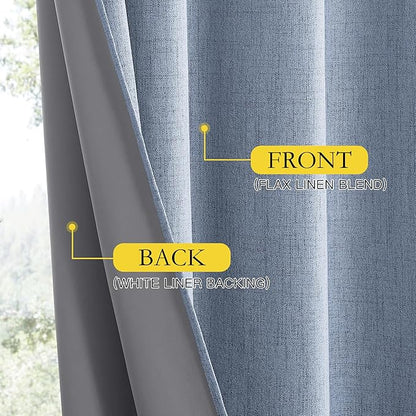 NICETOWN Stone Blue Vintage Linen 100% Blackout Curtains for Living Room, Thermal Insulated Curtains 90" Long, Noise Reducing Window Treatment Drapes for Home Cinema, 52" Wide Per Panel, Set of 2