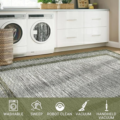 GarveeHome Small Bedroom Area Rug 3x5 Bordered Area Rug for Living Room Nursery Non Slip Kitchen Throw Carpet Low Pile Modern Rugs Washable Bathroom Mat Soft Green Rugs for Laundry Entryway