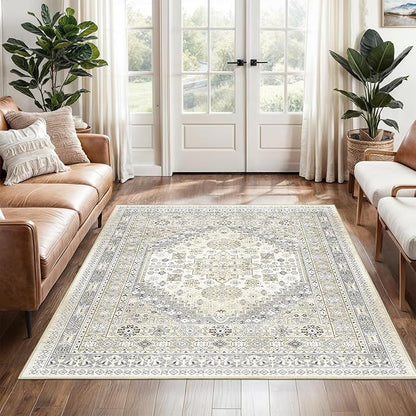3x5 Washable Area Rug for Entryway, Kitchen Rugs Non Slip for Dining Room, Vintage Floral Soft Living Room Rug, Thin Area Rug Indoor for Bedroom, Kids Room Decor(Beige,3'x5')
