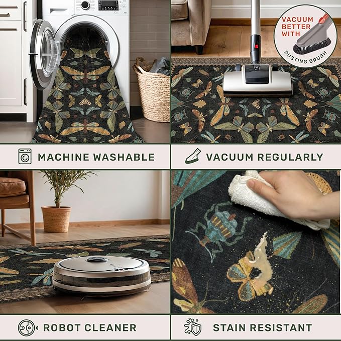 Green and Black Rug for Entryway Indoor- 3x6 Kitchen Floor Mats Non Slip, Washable Dark Unique Insect Print Rugs for Entry Way, Mudroom, Vintage Stain Resistant Indoor Décor