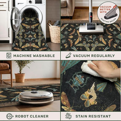 Green and Black Rug for Entryway Indoor- 3x6 Kitchen Floor Mats Non Slip, Washable Dark Unique Insect Print Rugs for Entry Way, Mudroom, Vintage Stain Resistant Indoor Décor