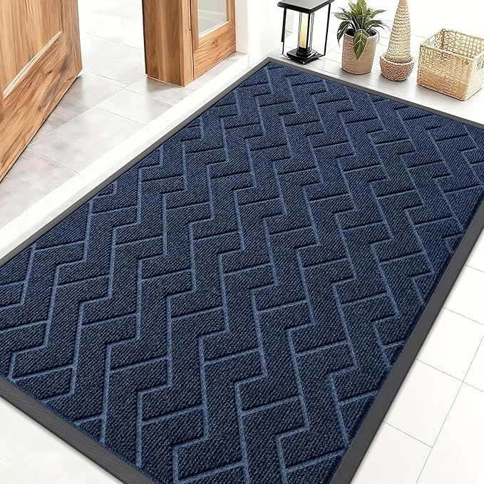 OLANLY Front Door Mat Indoor Outdoor Entrance, Waterproof All-Season, All-Weather Doormat, Sturdy Natural Rubber, Low Profile, Easy Clean Patio Porch Entryway Mat, Herringbone Brick (Blue, 47x32)