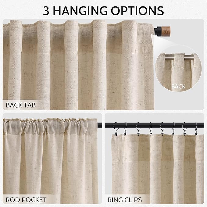 Nanspring Grey Flax Linen Curtains 102 Inches Long for Living Room Light Filtering Mordern Boho Sheer Curtains Back Tab and Rod Pocket Neutral Curtain for Bedroom Office 52x102, 2 Panels