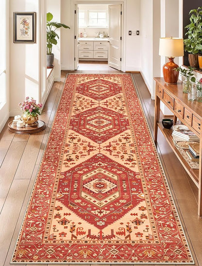 SERISSA Runner Rug for Hallways, 2'6"x10' Washable Non Slip Kitchen Runner Rug, Long Boho Rug Vintage Red Hallway Stair Ultra Soft Print Floor Carpet for Bedroom Bathroom Laundry Room