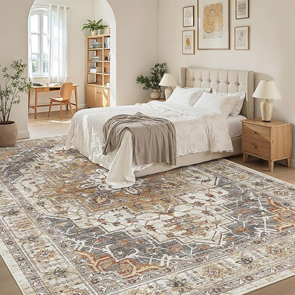 Madane Washable Rug 8x10 Area Rugs for Living Room, Ultra-Thin Non-Slip Backing Rug, Stain Resistant Vintage Large Area Rug for Bedroom (Turmeric/Grey, 8'x10')
