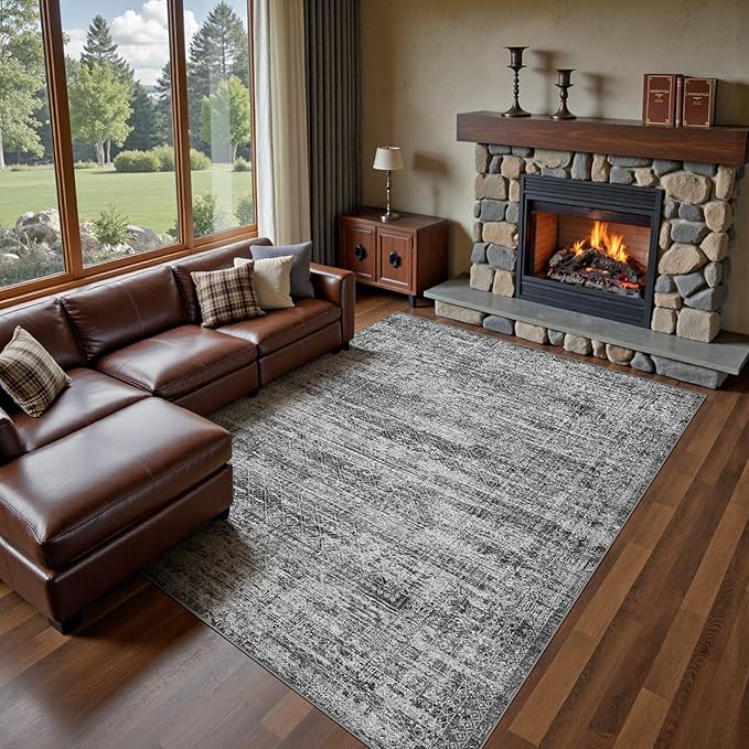 UERMEI 7x9 Area Rug Living Room Rugs - Washable Neutral Modern Abstract Soft Thin Rug Indoor Floor No Slip Rug Carpet for Bedroom Under Dining Table Home Office Decor - Dark Gray