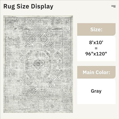 Washable Area Rug 8x10, Gray Soft Rug for Living Room Vintage 8x10 Area Rugs for Bedroom Dining Room Floral Non-Slip Thin Grey Rug