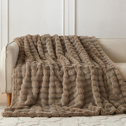 COOVA Faux Fur Throw Blanket for Couch, Cozy Soft and Fuzzy Plush Rabbit Fur Bubble Blanket for Sofa Bedroom Living Room, 60x80 Inches Cationic Brown