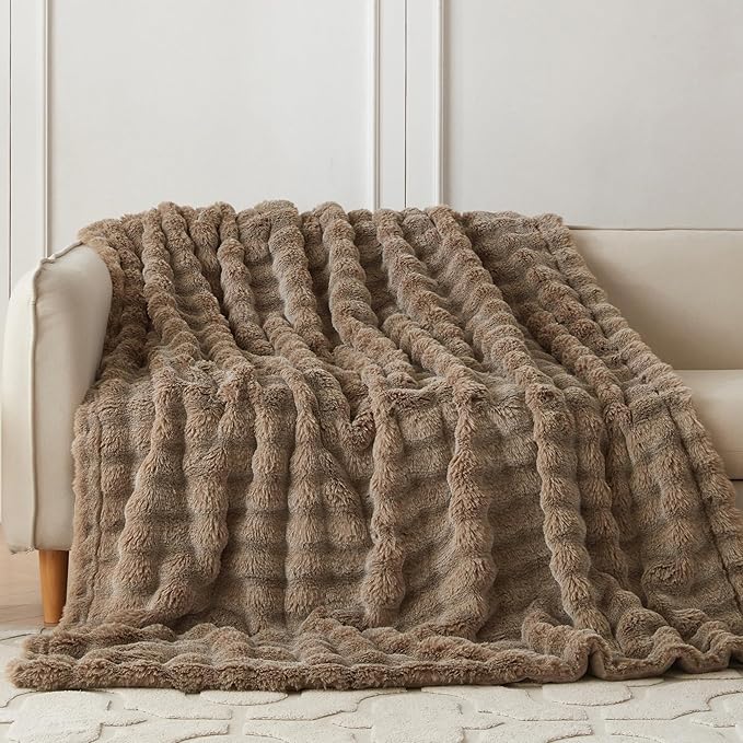 COOVA Faux Fur Throw Blanket for Couch, Cozy Soft and Fuzzy Plush Rabbit Fur Bubble Blanket for Sofa Bedroom Living Room, 50x60 Inches Cationic Brown