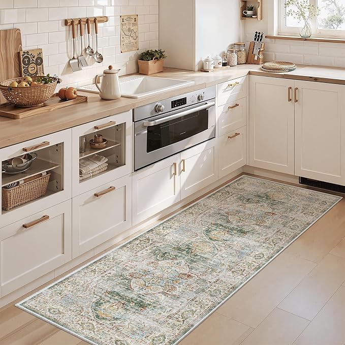 Madane Washable Runner Rug - 2x6 Rug Runners for Hallways 6 Feet Non Slip Vintage Kitchen Runner Rug Ultra-Thin Bathroom Runner Rugs Carpet Laundry Room Bedroom (2x6ft, Green)