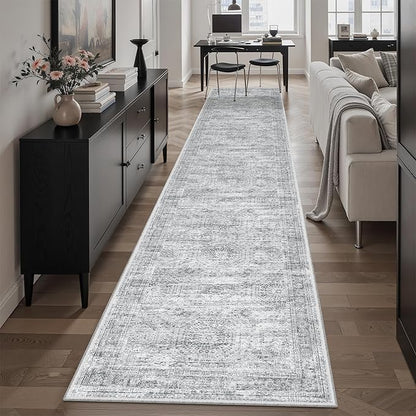 Runner Rug 2x10 Washable Non-Slip Hallway Runner Rugs for Kitchen Bathroom Laundry Room Grey Vintage Floor Carpet Runners for Hallways Entryway