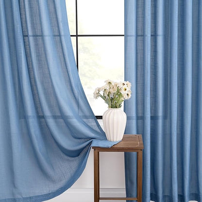 Denim Blue Curtains for Living Room Back Tab Modern Farmhouse Semi Sheer Blue Curtains 92 inches Long 2 Panels Set Muted Neutral Window Curtain for Dining Room Bedroom 52x92
