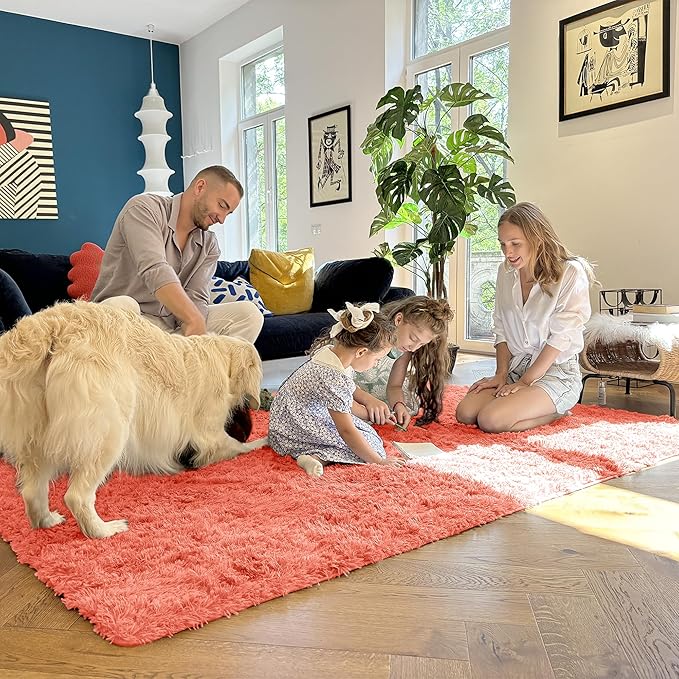 OLANLY 2x6 Machine Washable Runner Rugs for Hallway, Soft Fluffy Shaggy Bedside Rugs for Bedroom, Living Room, Indoor Floor Carpet for Kids Girls and Boys, Home Decor Aesthetic, Coral Red