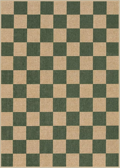 Lahome Checkered Easy Jute Dining Room Rug, 5x7 Indoor Outdoor Rugs for Patio Living Room, Neutral Checkerboard Non Slip Low Pile Green Carpet for Bedroom Office Backyard