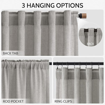 Nanspring Light Gray Linen Curtains 63 Inch Length for Living Room Back Tab and Rod Pocket Semi Sheer Curtain Simple Modern Coastal Room Decor Light Filtering Grey Drapes for Bedroom 52x63, 2 Panels