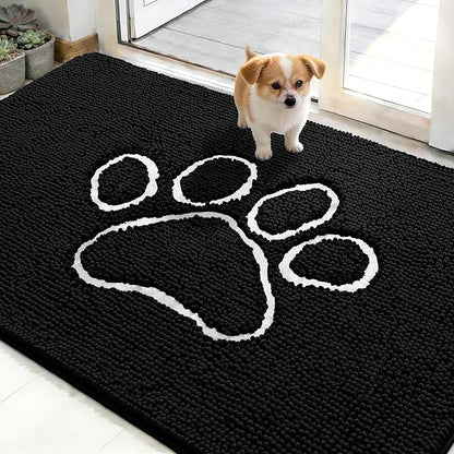 OLANLY Dog Door Mat for Muddy Paws 48x30, Paw Print Design, Absorbs Moisture and Dirt, Absorbent Non-Slip Washable Doormat, Quick Dry Chenille Mud Mat for Dogs, Entry Indoor Entryway Carpet, Black
