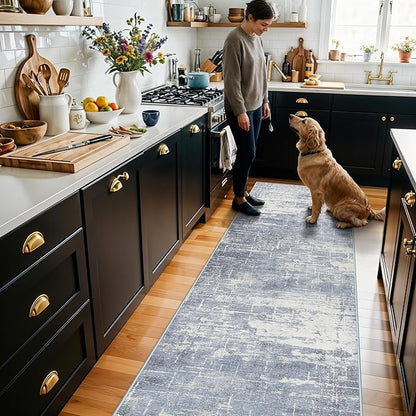 Hallway 2x10 Washable Runner Rug: Abstract Kitchen Stove Rugs Low-Pile Stain Resistant Entryway Area Rug Cozy Bedroom Soft Floor Mat Non-Slip Farmhouse Carpet for Bathroom Living Room(2x10,Blue/ivory)