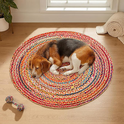 Hausattire Bohemian Braided Rug 4' Round - Multi Color, Circle Farmhouse Jute Cotton Area Rag Rug for Kitchen, Kids Bedroom, Playroom | Colorful Hand Woven Reversible Pet Friendly Carpet