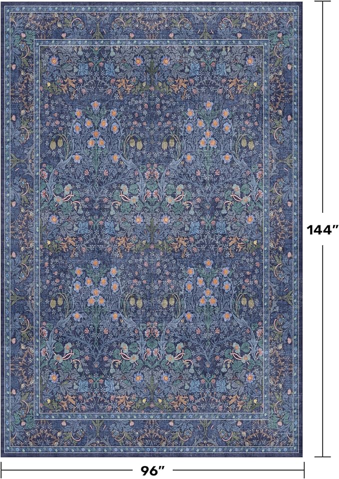 Hazo Haus Boho 8x12 Washable Dark Blue Rug for Living Room - Large Area Rug for Dining Room Under Table, Bedroom Under Bed, Vintage Floral Design, Low Pile & Soft Indoor Décor