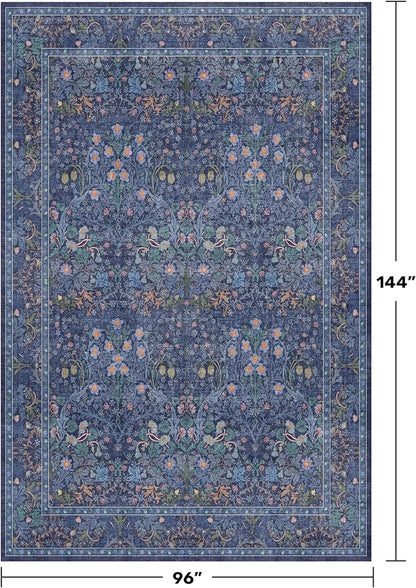 Hazo Haus Boho 8x12 Washable Dark Blue Rug for Living Room - Large Area Rug for Dining Room Under Table, Bedroom Under Bed, Vintage Floral Design, Low Pile & Soft Indoor Décor