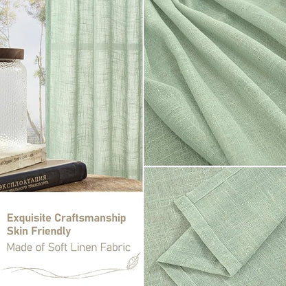 LAMIT Fresh Green Linen Curtains for Living Room, 78 Inch Faux Linen Textured Light Filtering Drapes Back Tab and Rod Pocket Boho Panels for Farmhouse/Bedroom/Porch, 52 x 78 Inch, 2 Panels Set