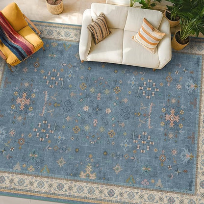 Hazo Haus Blue Big Rugs for Living Room - Dusty Blue 10x14 Area Rug for Large Bedroom, Dining Room, Washable Lightweight Low Pile Foldable Eclectic Modern Floral Home Décor
