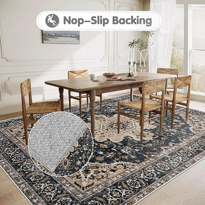 Area Rugs 6x9 Vintage Rug: Washable Living Room Rug Retro Medallion Distressed Large Soft Low Pile Non-Slip Indoor Floor Carpet for Bedroom Kitchen Nursery Dining Table Office (BeigeBlack, 6'x9')