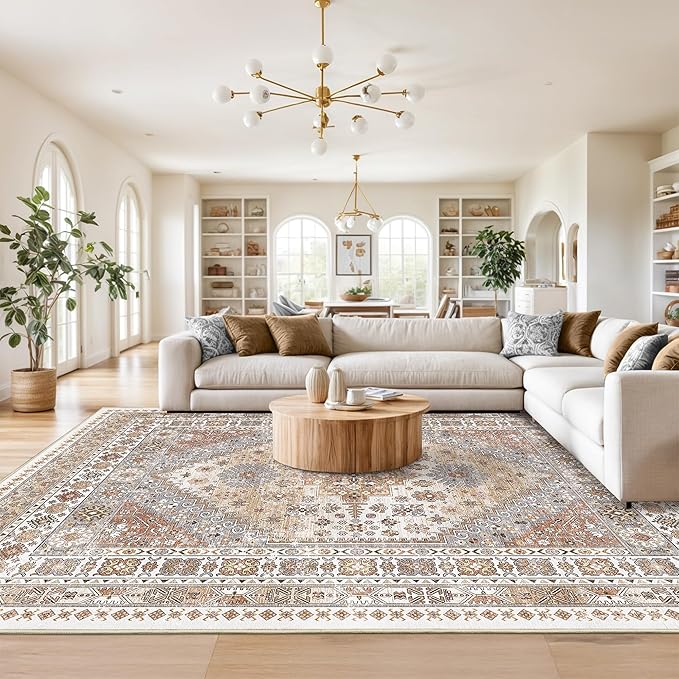 Washable Rugs 8x10 Area Rugs for Living Room, Non-Slip Backing Large Rug for Nursery Room, Vintage Floral Bedroom Rugs, Thin Indoor Home Decor Soft Farmhouse Rug (Orange,8'x10')