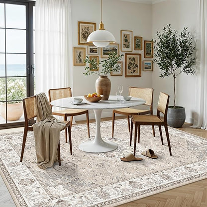 7x10 Area Rug for Living Room: Washable Neutral Vintage Large Rugs for Bedroom, Office, Dining Room, Kids Room, Farmhouse Durable Low Pile Non Slip Carpet for High Traffic Areas(7x10 Beige)