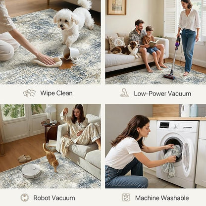 Area Rugs 6x9 for Living Room Bedroom, Modern Abstract Machine Washable Rug, Large Soft Low Pile Floor Carpet with Non Slip Backing for Dining Room, Blue Mist