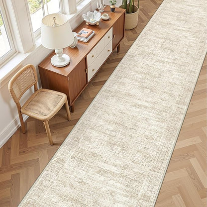 3x14 Washable Runner Rug for Hallway, Non-Slip Long Hallway Runner for Entryway, Soft Vintage Kitchen Mats for Floor, Abstract Dining Room, Bedroom, Living Room Rugs(3'x14', Beige/Ivory)