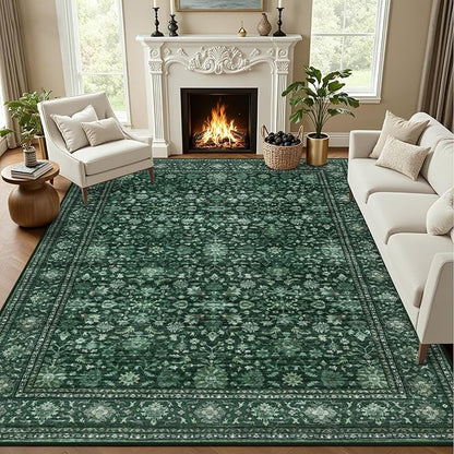 Area Rugs 10x12 Living Room Rug: Washable Rug Soft Vintage Distressed Floral Carpet Indoor Non-Slip Stain Resistant Large Carpets for Bedroom Dining Room Farmhouse Nursery Home Office Deep Green