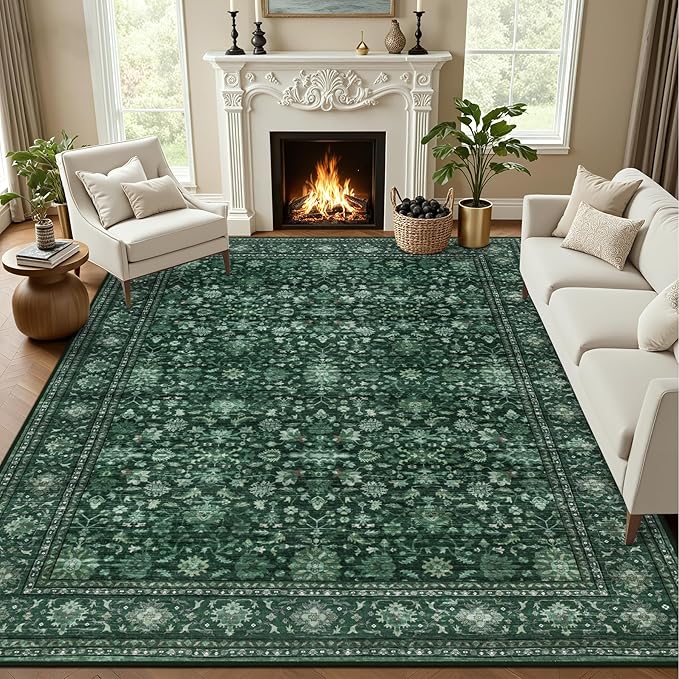 Area Rugs 9x12 Living Room Rug: Washable Rug Soft Vintage Distressed Floral Carpet Indoor Non-Slip Stain Resistant Large Carpets for Bedroom Dining Room Farmhouse Nursery Home Office Deep Green