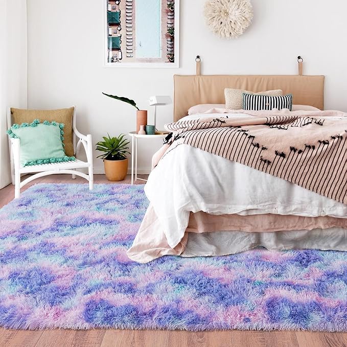 Rugs for Bedroom 4x6, Soft Shaggy Modern Shag Area Rug for Living Room, Upgrade Non-Slip Plush Fluffy Carpet for Kids Boys Girls Room Home Decor Aesthetic, Rainbow Purple
